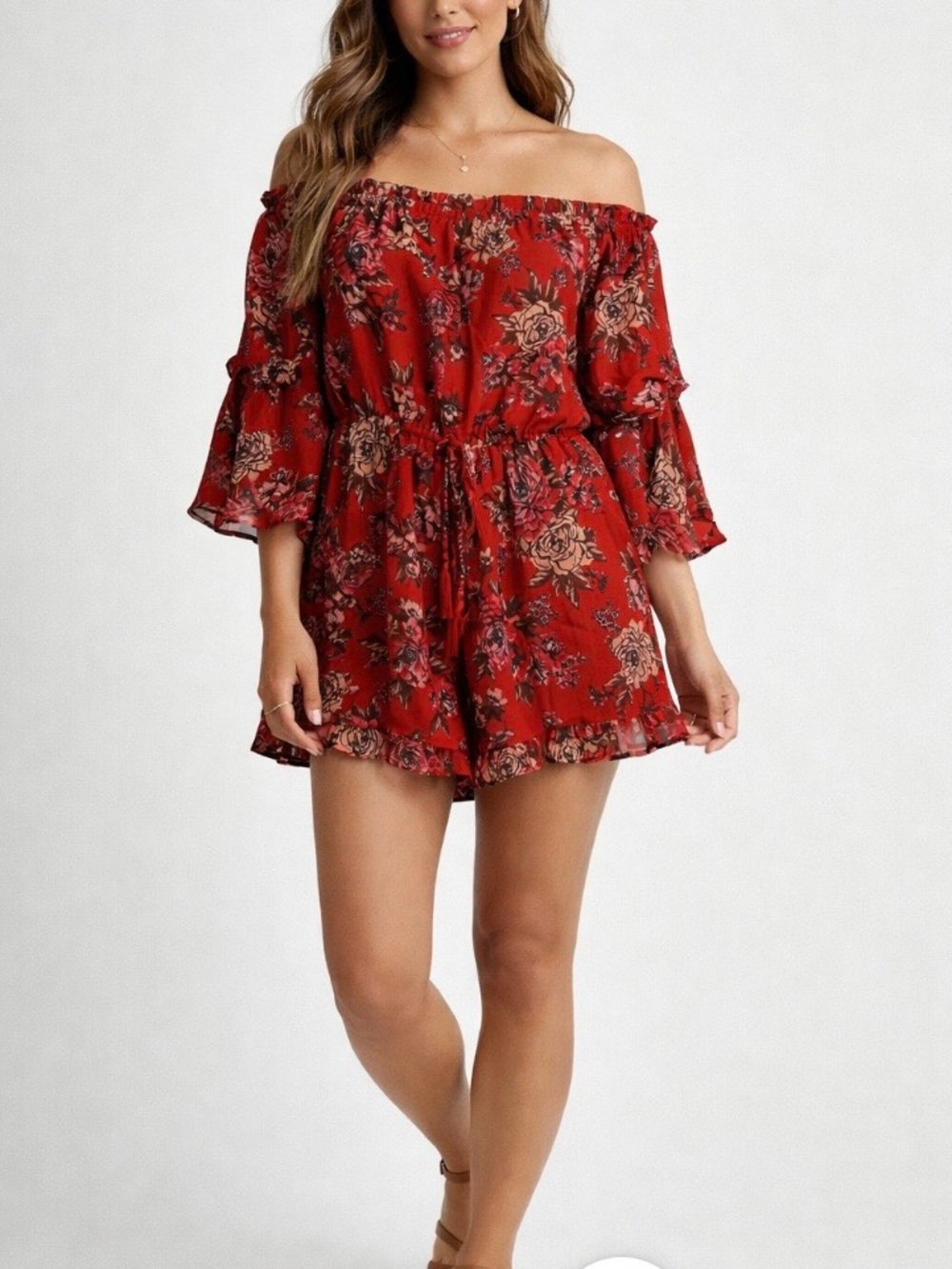 American Eagle Outfitters Medium Floral Off-Shoulder Romper Tie Waist Festival